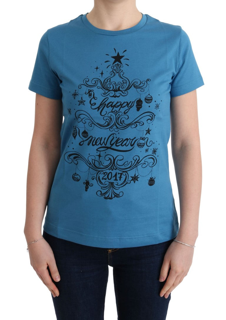 T-shirt en coton bleu Dolce & Gabbana 2017 avec motif, vue de face sur un mannequin.