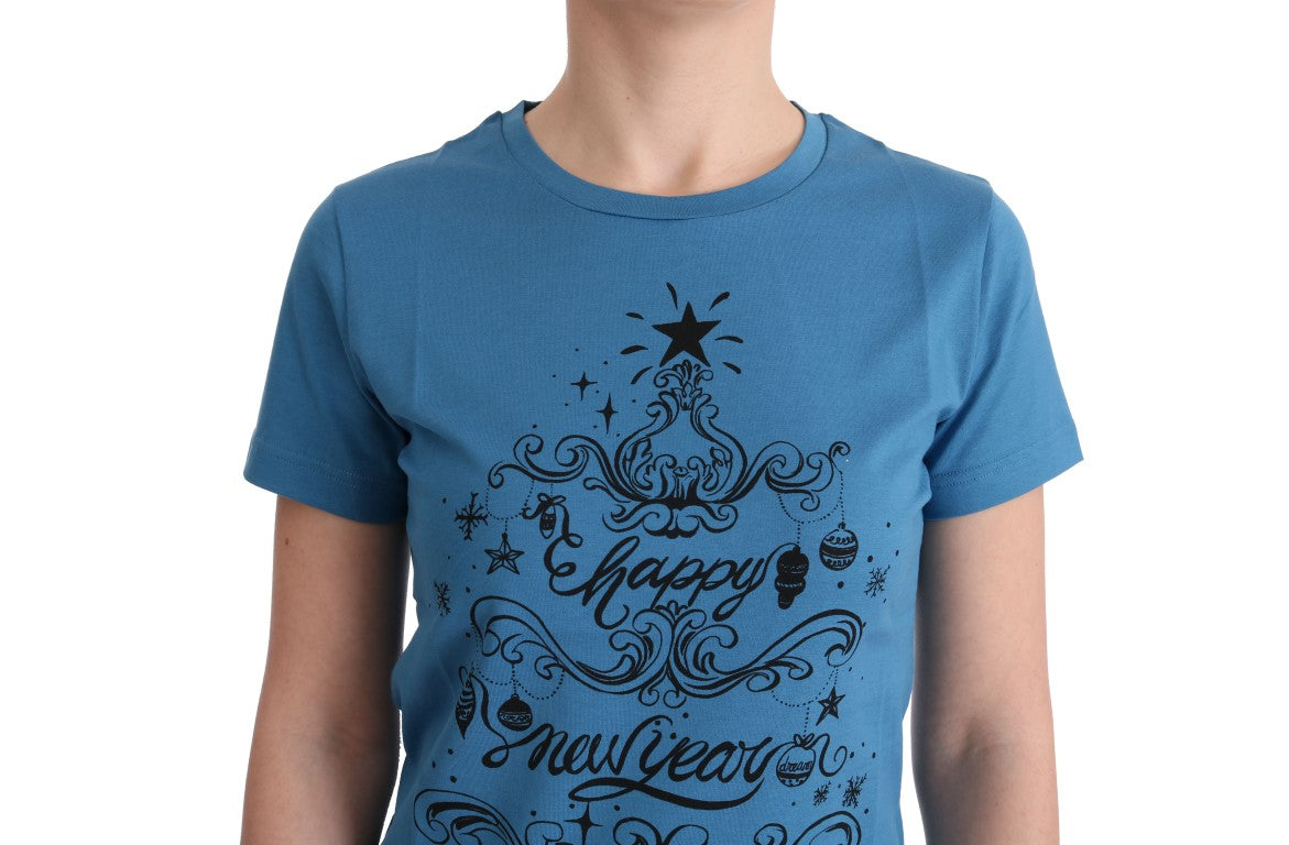 T-shirt en coton bleu Dolce & Gabbana 2017 avec motif, vue de face sur un fond neutre.