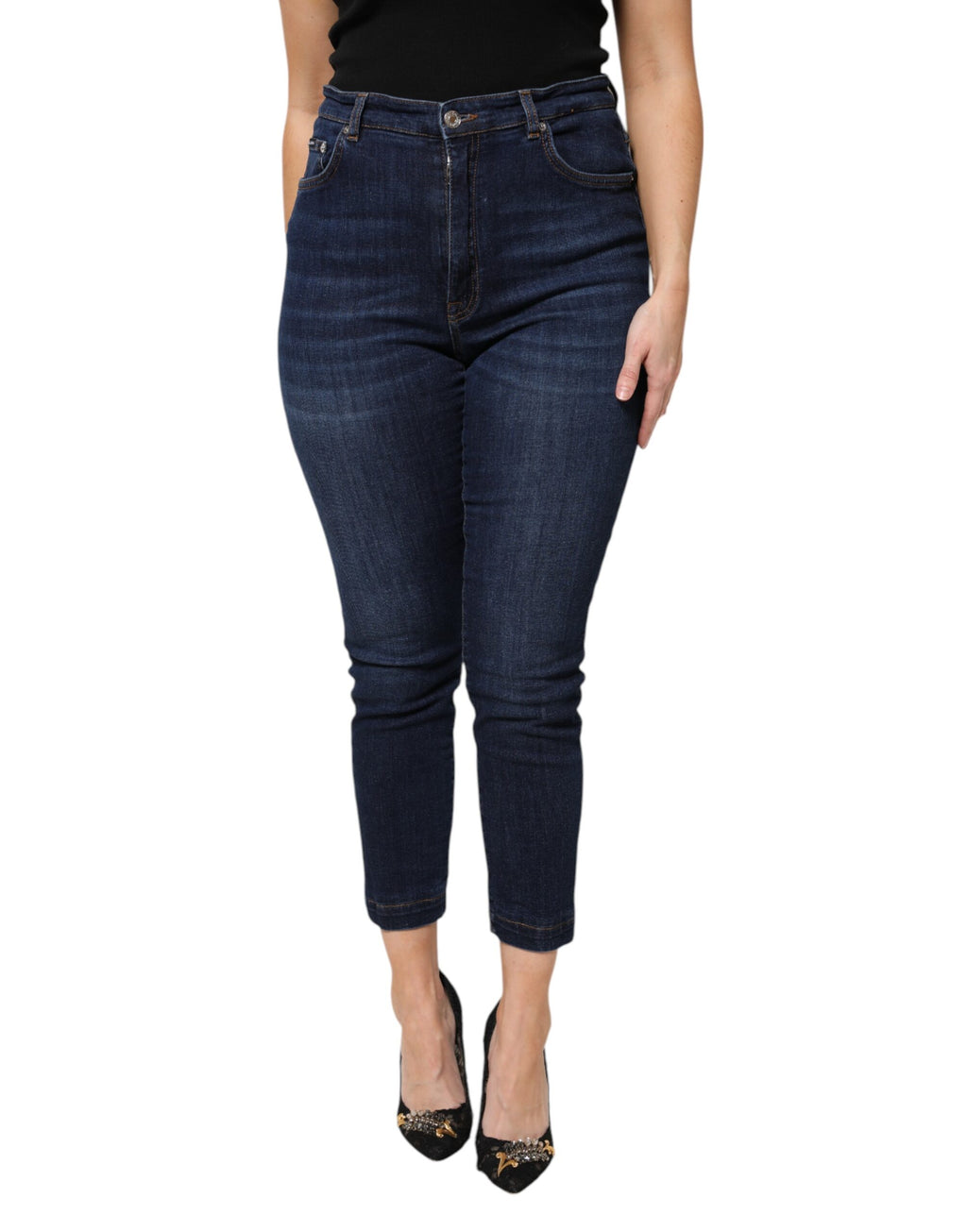 Jeans en denim bleu Dolce & Gabbana, taille haute, coupe cropped, en coton, visible sur l'image.