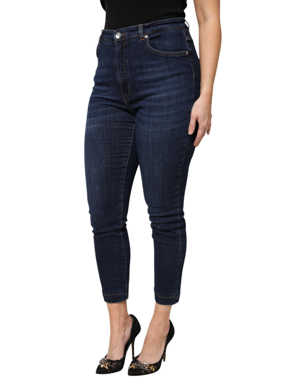 Jeans en denim bleu Dolce & Gabbana, taille haute, coupe cropped, en coton, mode élégante et tendance.