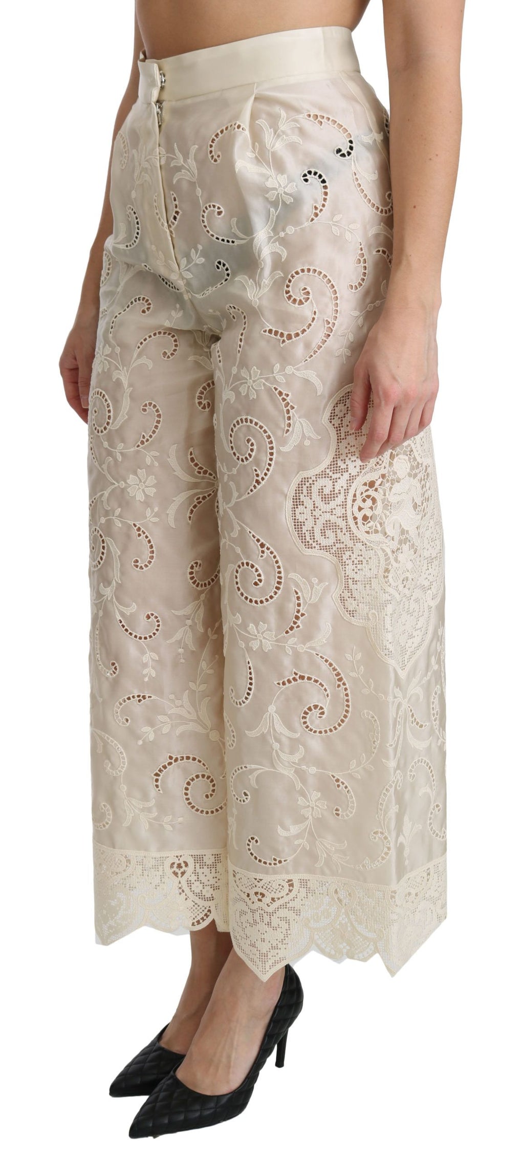Pantalons palazzo Dolce & Gabbana crème en dentelle à taille haute et coupe cropped, élégant style féminin.