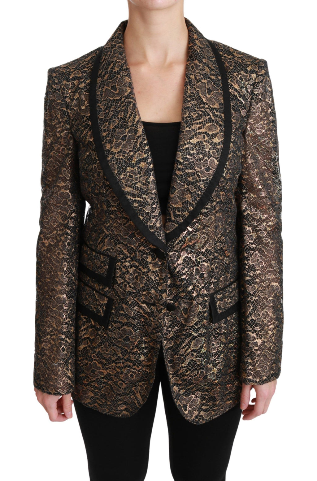 Blazer Dolce & Gabbana en or et noir avec dentelle, motif floral, veste élégante en tissu fin.