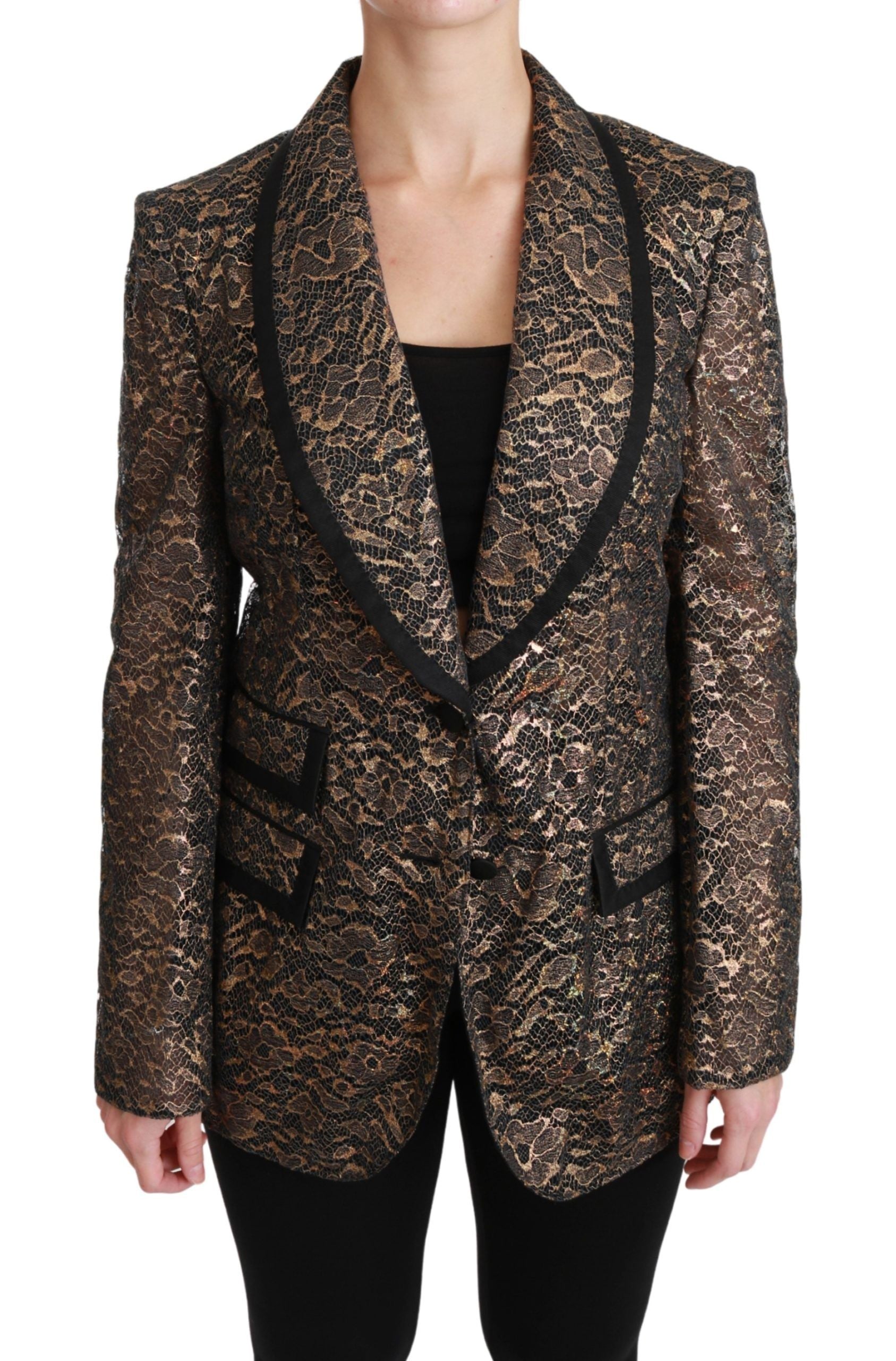 Blazer Dolce & Gabbana en or et noir avec dentelle, motif floral, veste élégante en tissu fin.