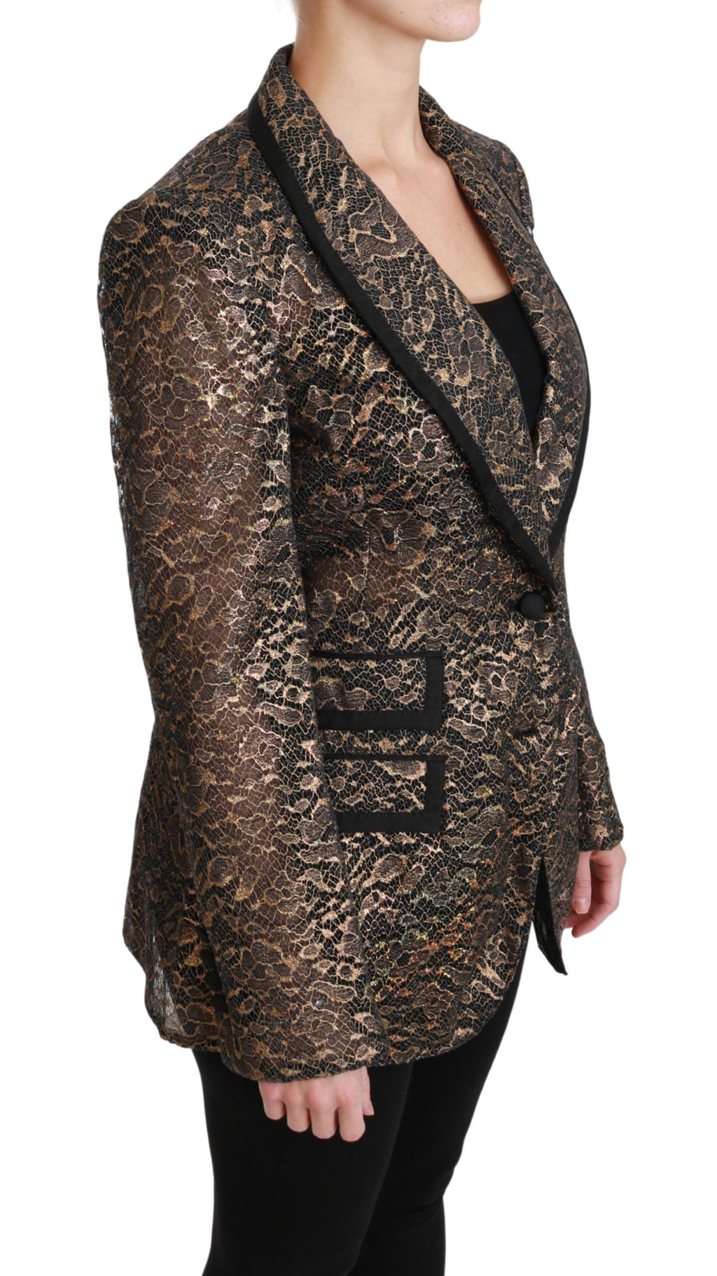 Veste blazer Dolce & Gabbana noire et or avec dentelle florale, élégante et sophistiquée, visible sur l'image.