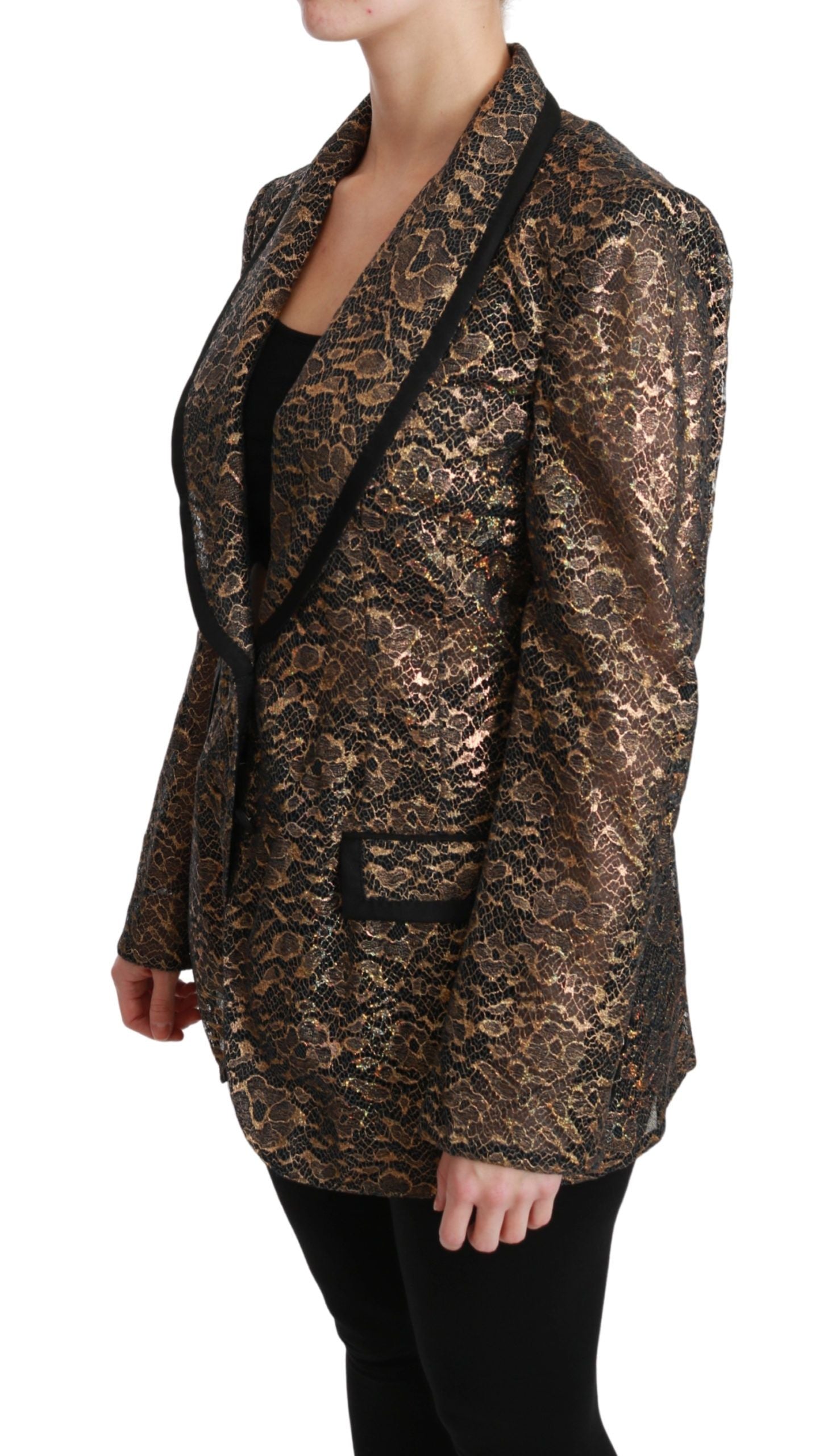 Blazer Dolce & Gabbana en or et noir avec dentelle et motif floral, manteau élégant pour femme.
