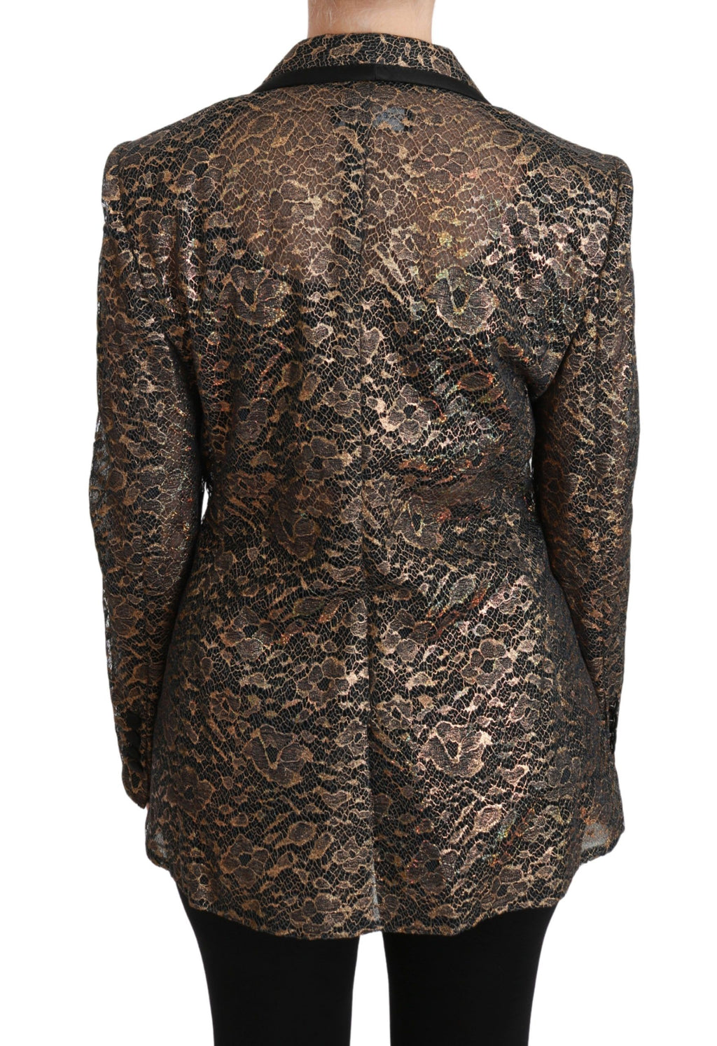 Blazer Dolce & Gabbana en or noir avec dentelle, motif floral, veste élégante en tissu sophistiqué.