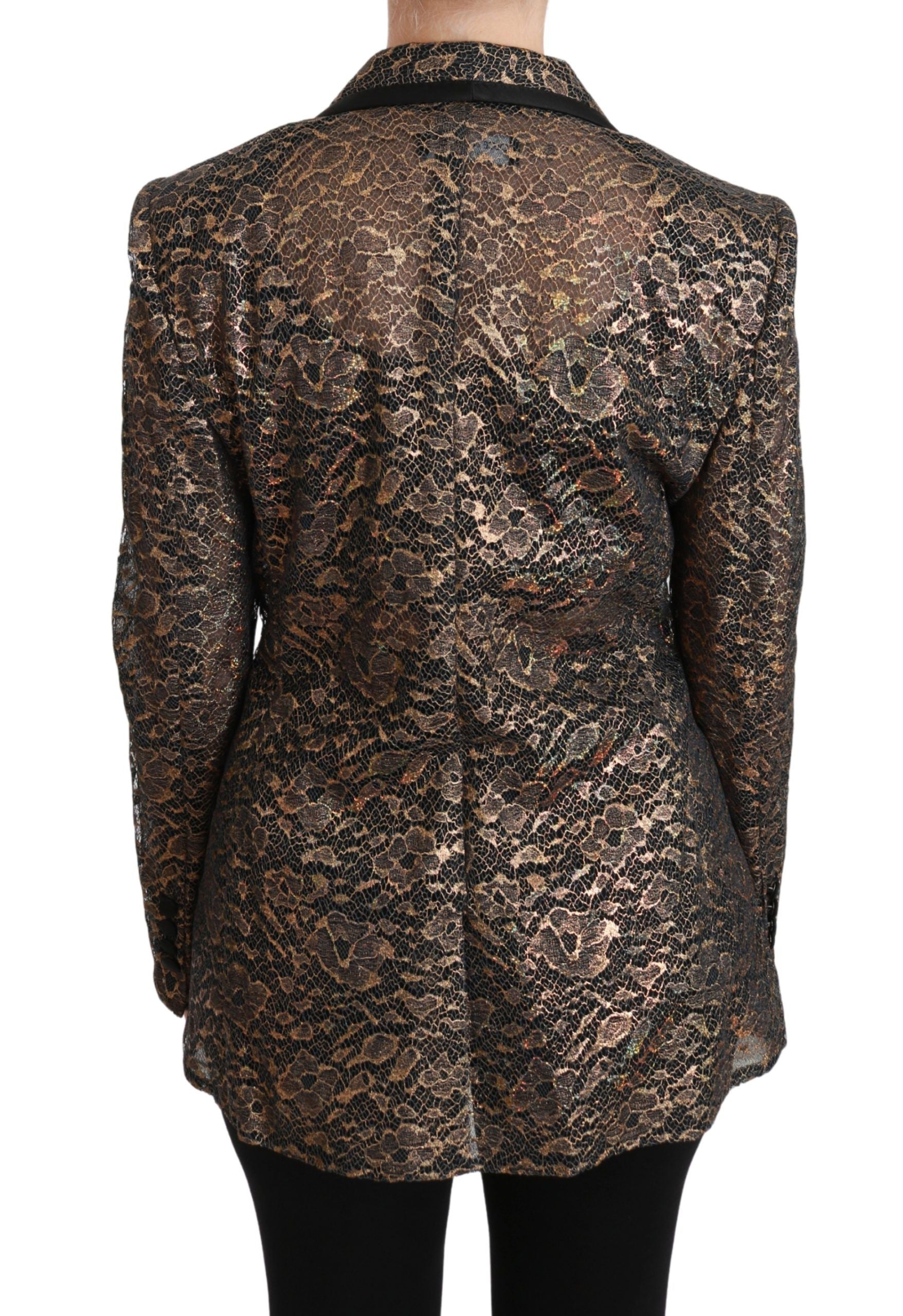 Blazer Dolce & Gabbana en or noir avec dentelle, motif floral, veste élégante en tissu sophistiqué.