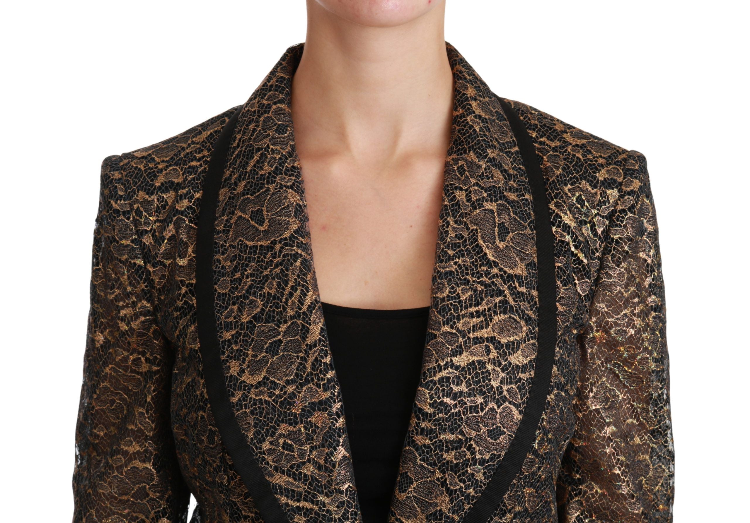 Veste blazer Dolce & Gabbana en or, noir, dentelle avec motifs floraux, élégante et sophistiquée.