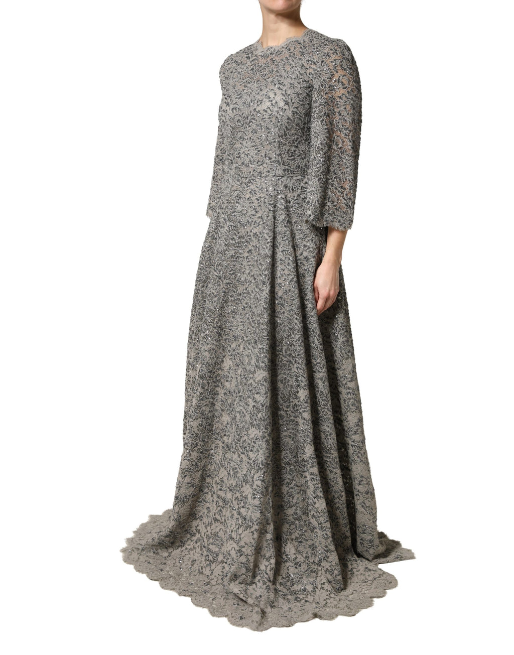 Robe longue en coton gris avec dentelle et manches longues de Dolce & Gabbana, élégante et sophistiquée.