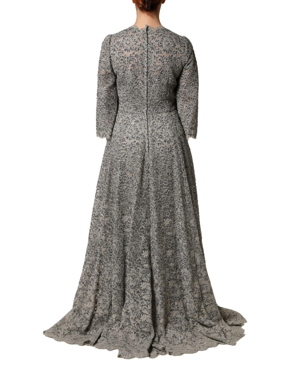 Robes longue en dentelle grise Dolce & Gabbana en coton à manches longues, élégante et sophistiquée.