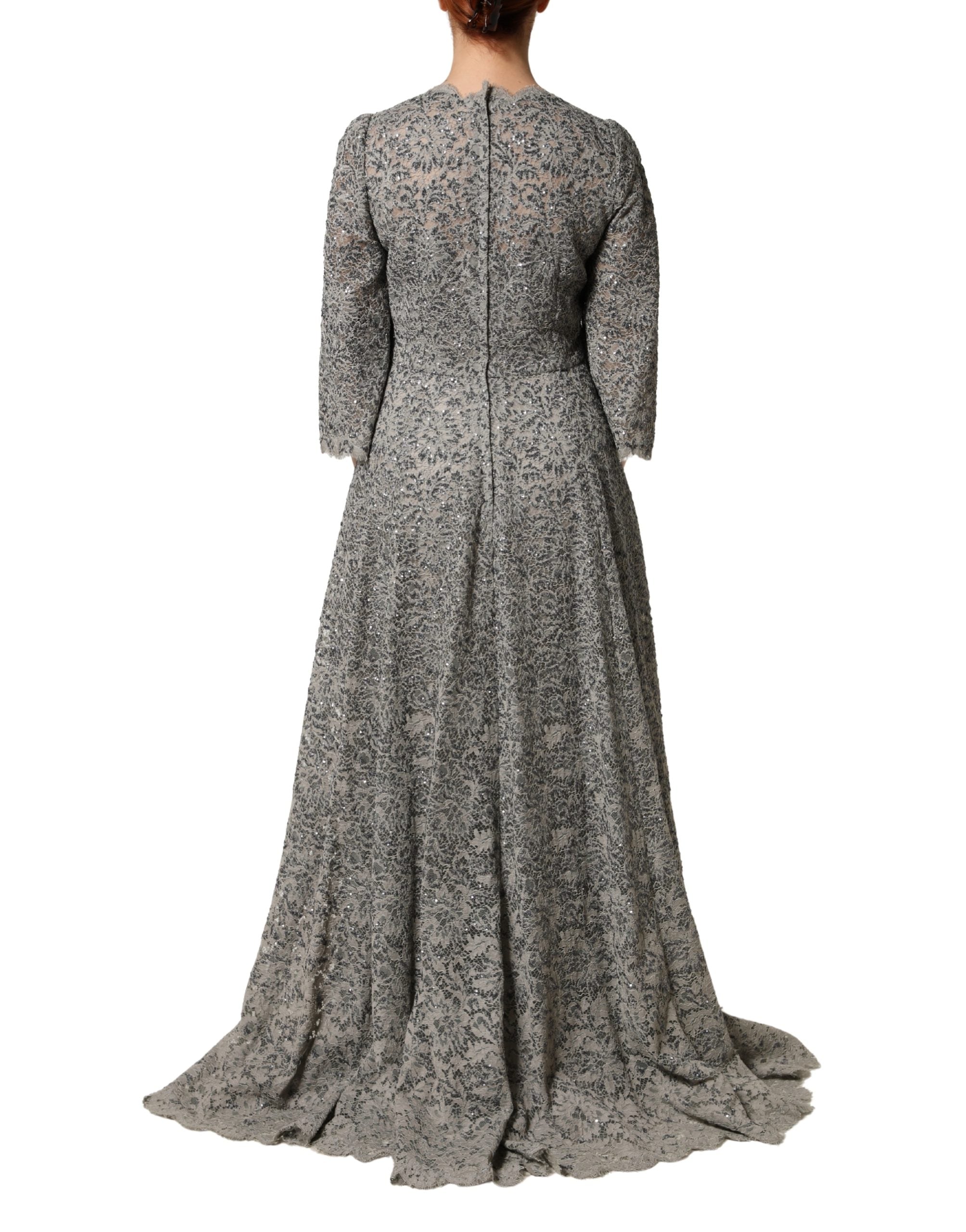 Robes longue en dentelle grise Dolce & Gabbana en coton à manches longues, élégante et sophistiquée.