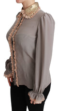 Chemise Dolce & Gabbana en soie grise avec sequins dorés et dentelle, vue de face.