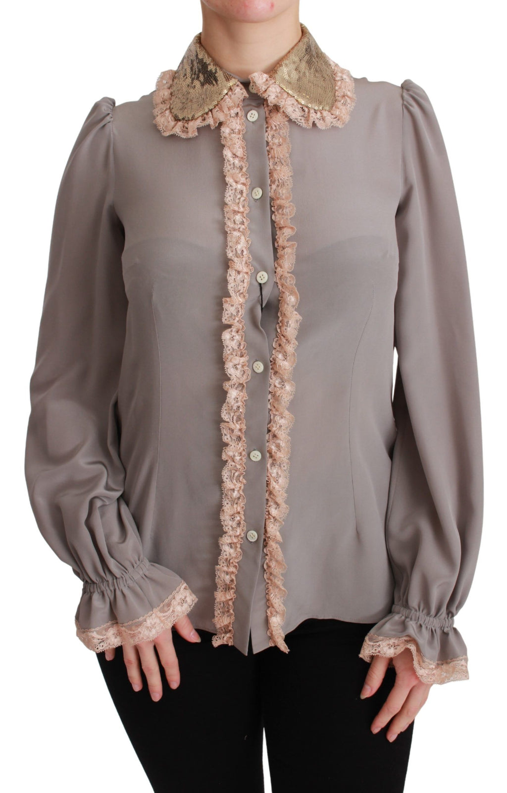 Blouse en soie gris Dolce & Gabbana avec sequins dorés et dentelle, élégant haut pour femme.