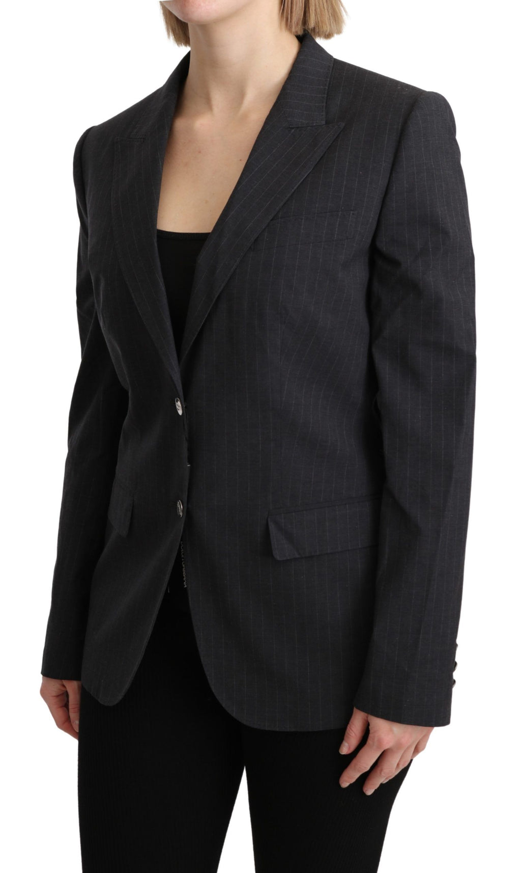 Veste en coton gris à un seul rangée de boutons Dolce & Gabbana, blazer homme élégant et moderne, visible en détail dans l'image.