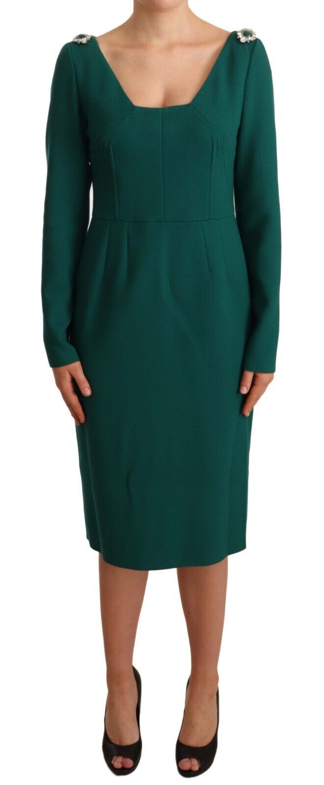 Robe midi en crêpe stretch vert avec cristaux de la marque Dolce & Gabbana, élégante et sophistiquée.