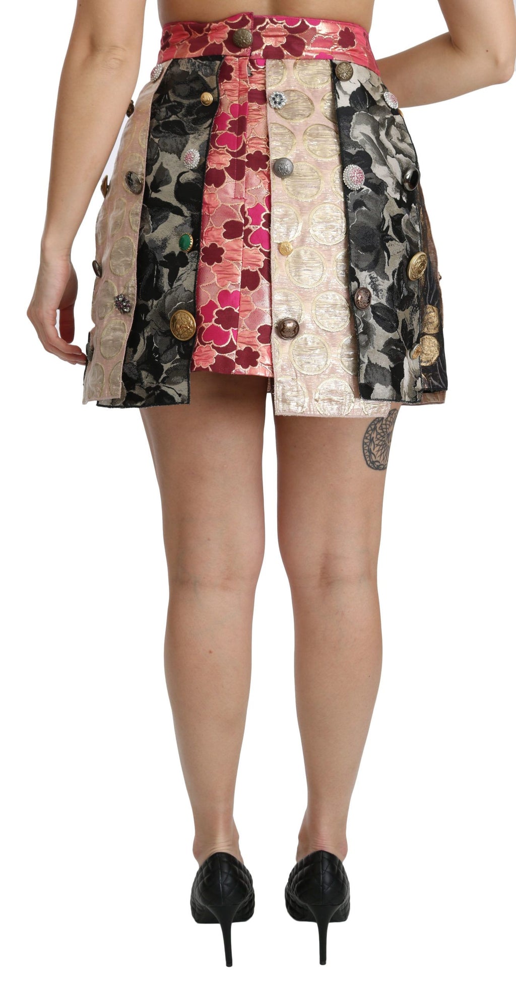 Jupe en jacquard florale multicolore avec cristaux de Dolce & Gabbana, détail élégant et motifs floraux sophistiqués.