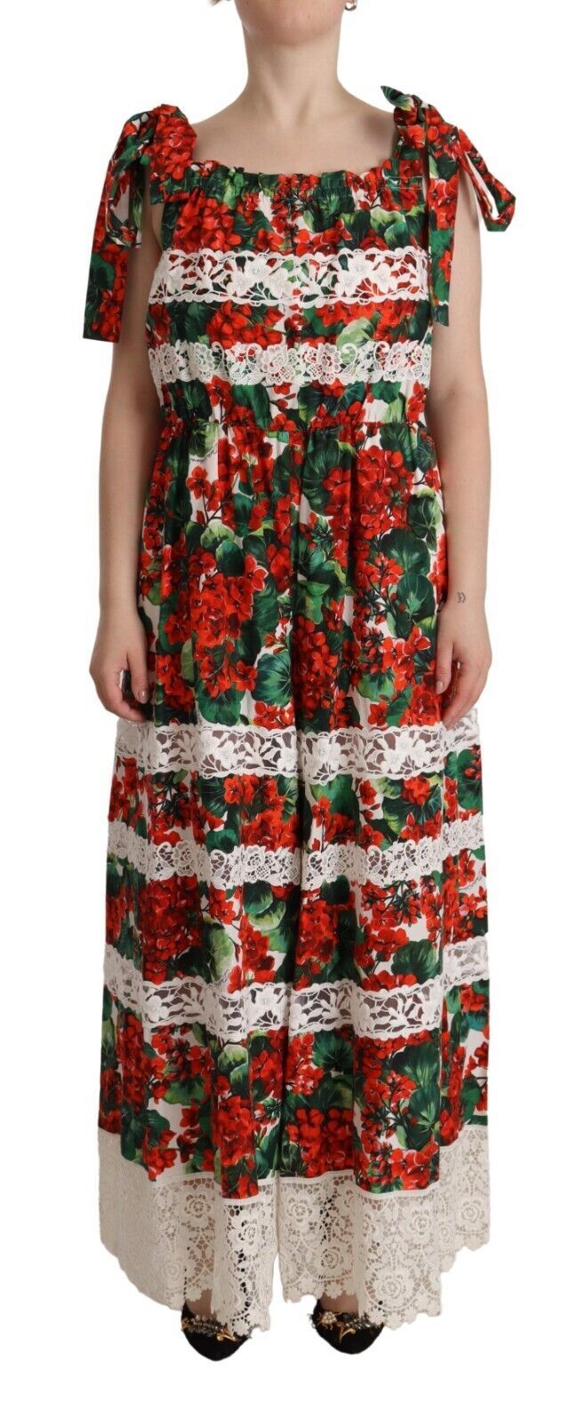 Robe longue en dentelle Dolce & Gabbana à imprimé multicolore de géranium, style maxi avec détails élégants visible sur l'image.