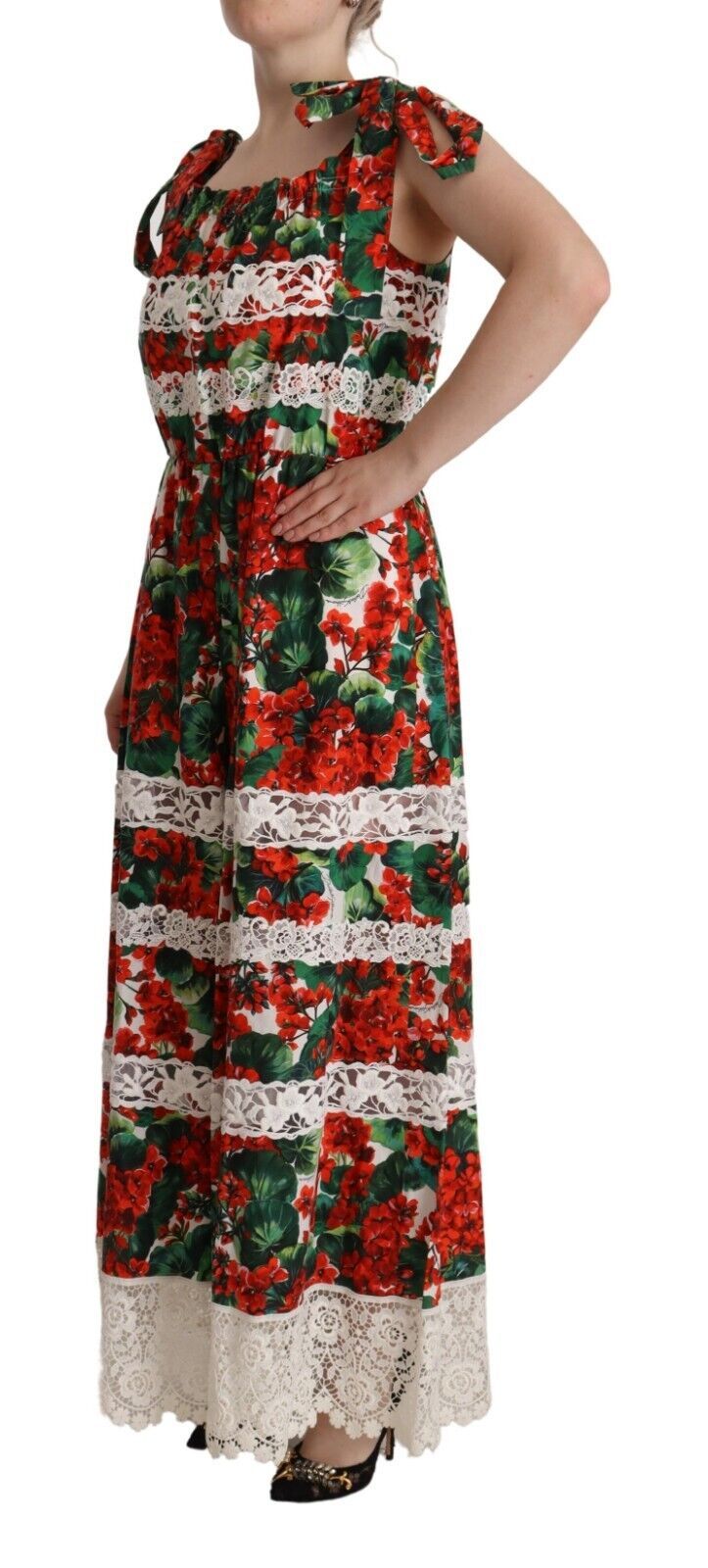 Robe longue en dentelle Dolce & Gabbana à imprimé multicolore de géranium, style maxi avec détails élégants.
