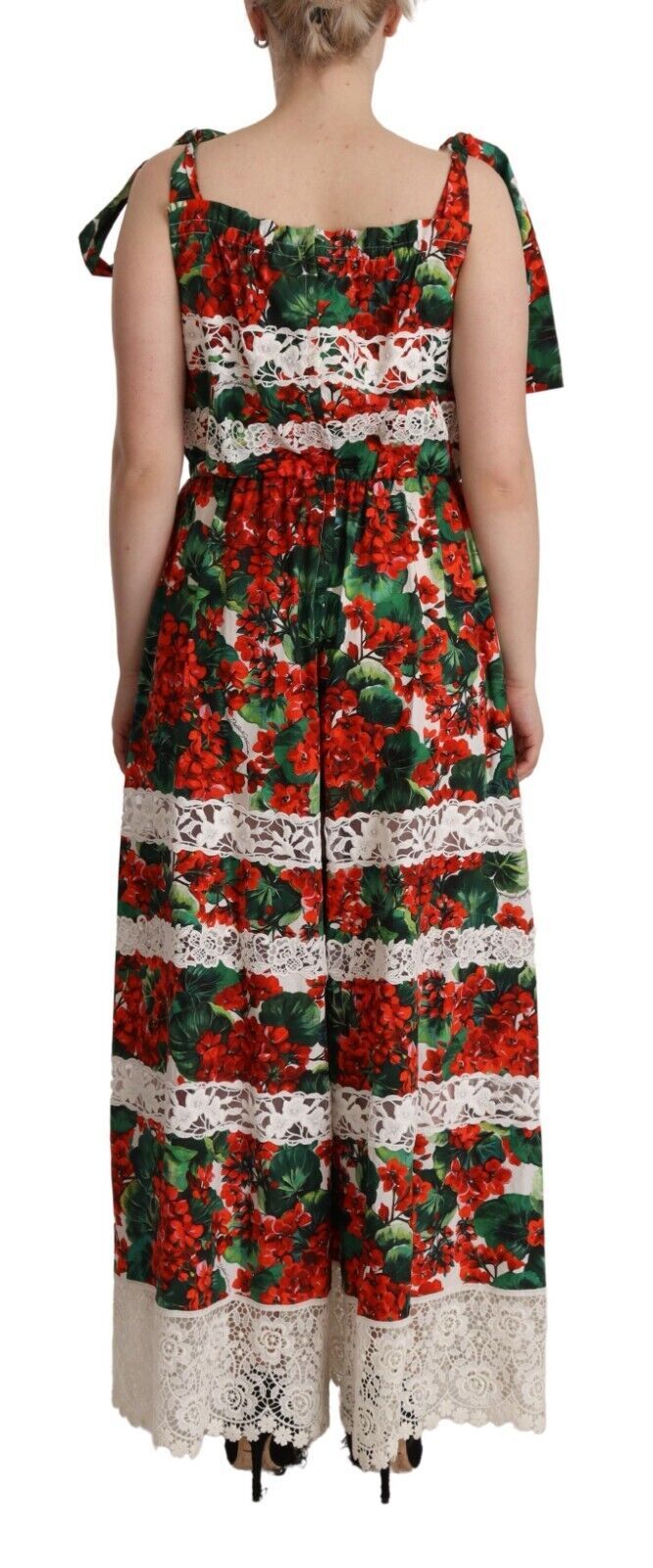 Robe longue en dentelle Dolce & Gabbana à imprimé multicolore de géranium, style maxi avec détails élégants.