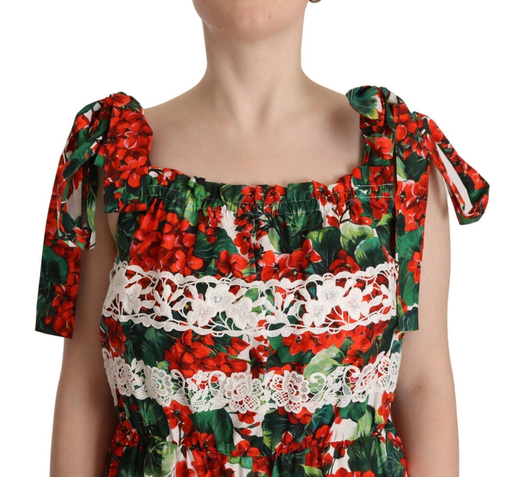 Robe longue en dentelle Dolce & Gabbana à imprimé geranium multicolore, style maxi élégant et féminin.
