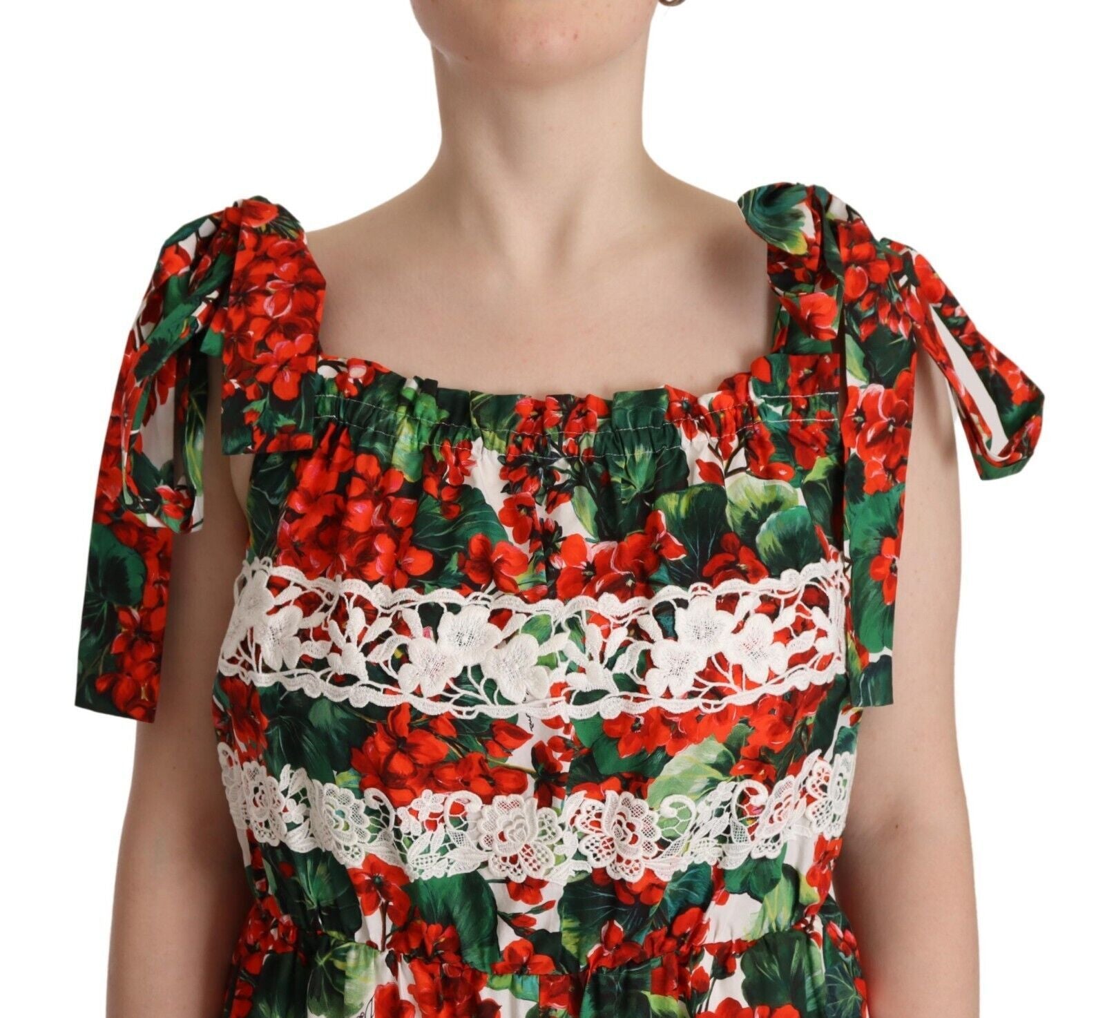 Robe longue en dentelle Dolce & Gabbana à imprimé geranium multicolore, style maxi élégant et féminin.