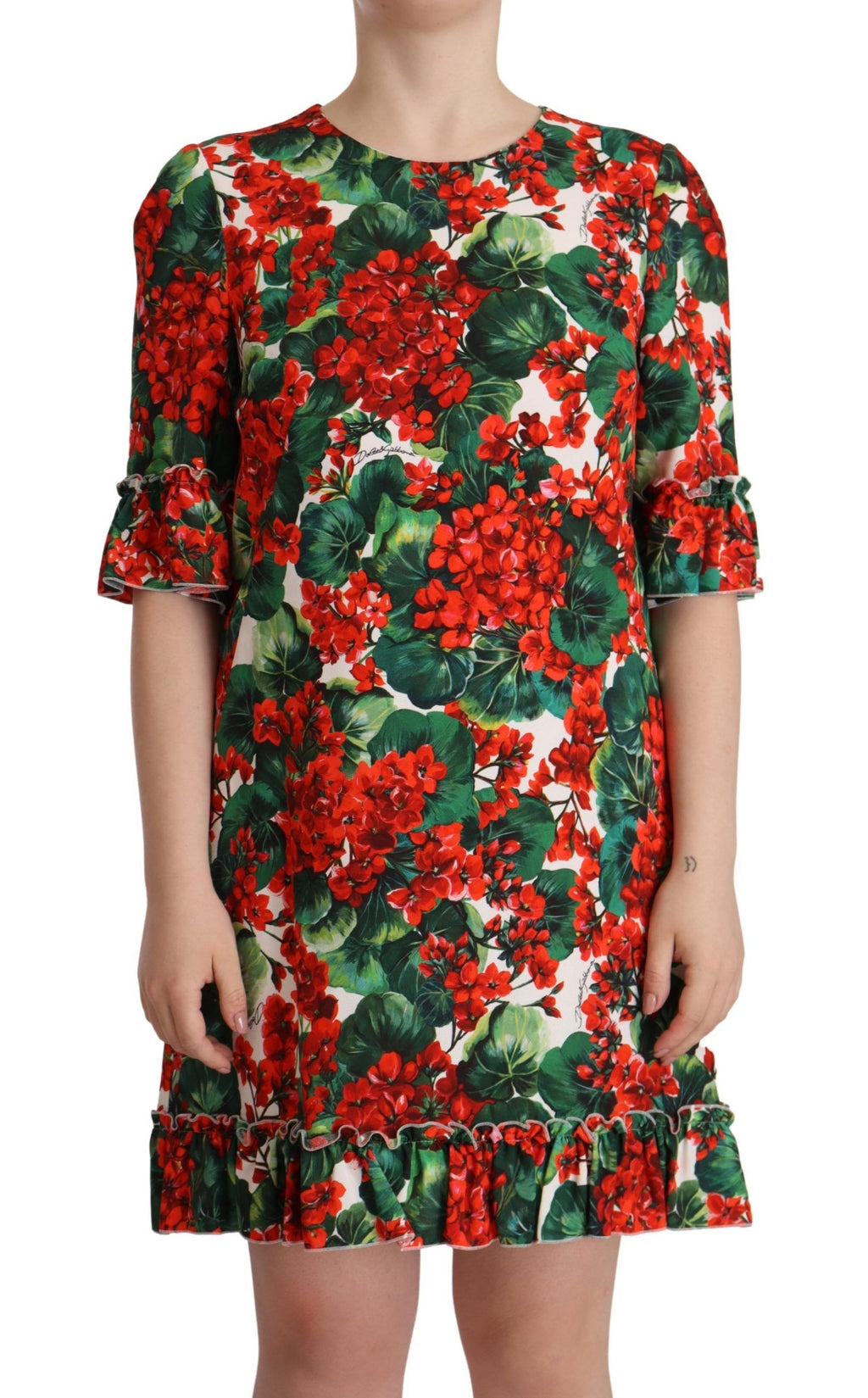 Robe de soirée Dolce & Gabbana à fleurs multicolores et rouge, coupe shift élégante, vue de l'avant