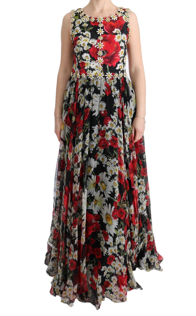 Robe longue maxi en soie multicolore à fleurs et cristaux de Dolce & Gabbana, élégante et fluide, pour une occasion spéciale.