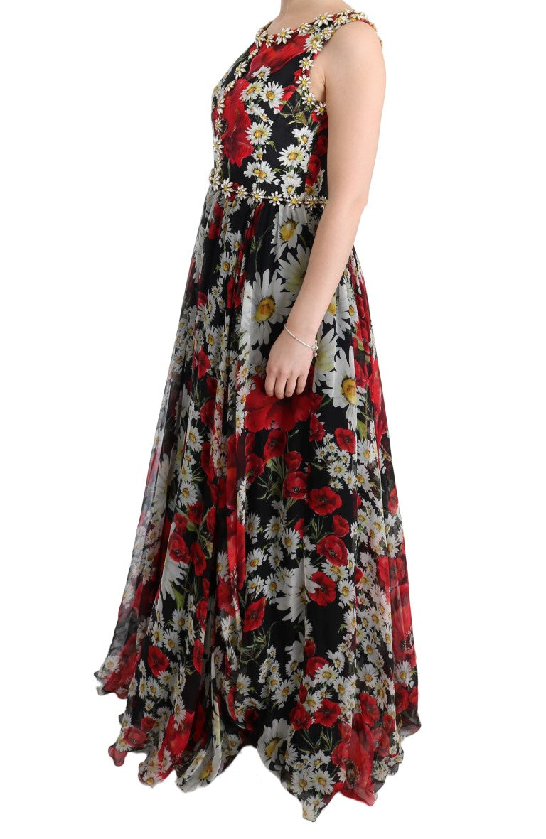Robe longue maxi en soie multicolore à fleurs et cristaux, marque Dolce & Gabbana, vêtement élégant et sophistiqué.