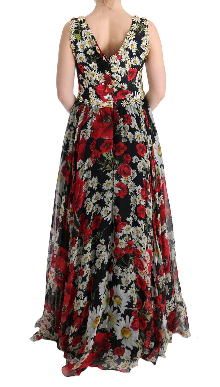 Robe longue en soie multicolore à fleurs avec cristaux, marque Dolce & Gabbana, élégante et sophistiquée.