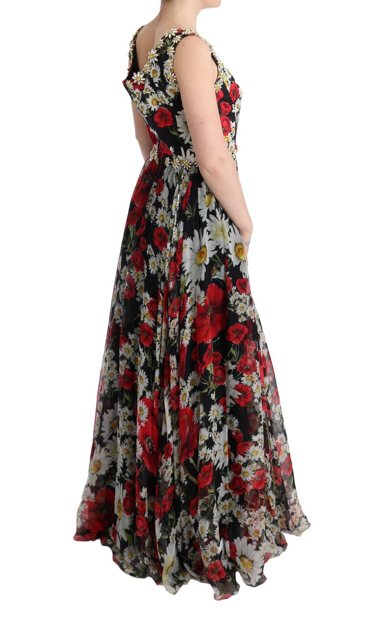 Robe longue en soie multicolore à fleurs avec cristaux, style maxi de Dolce & Gabbana, élégante et sophistiquée.