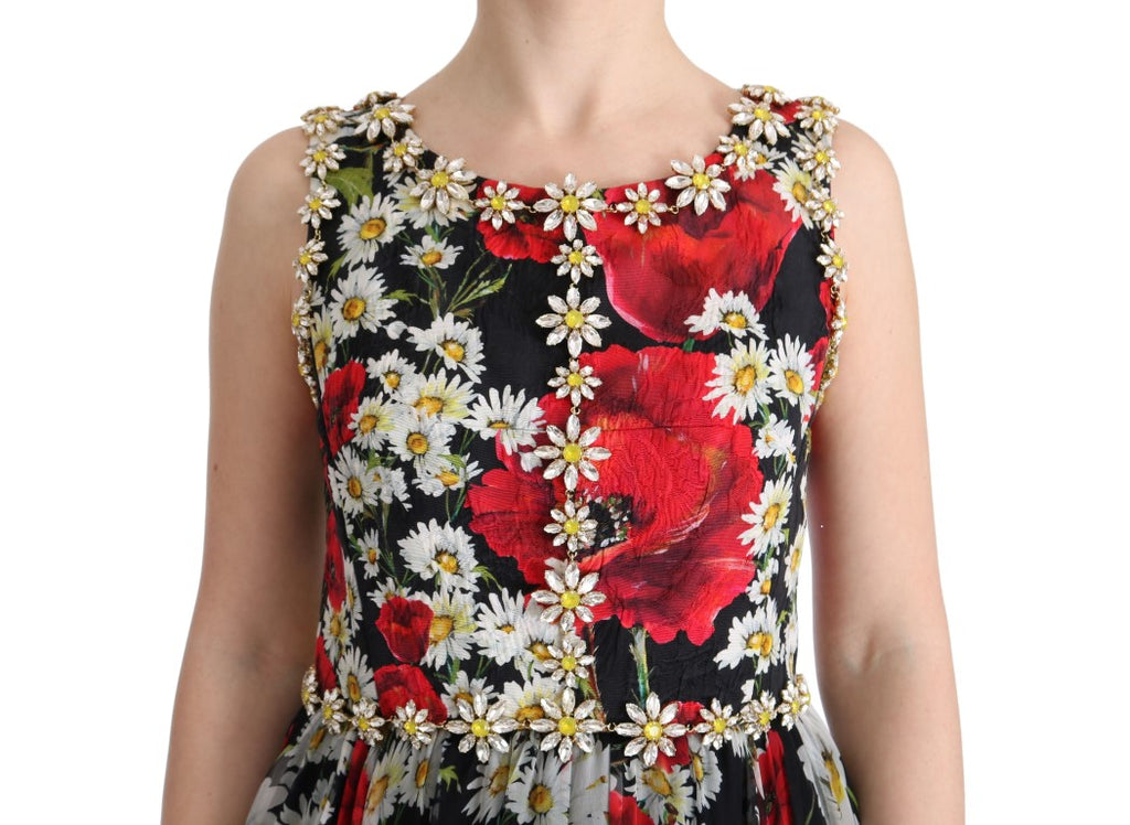 Robe longue en soie multicolore à fleurs et cristaux de Dolce & Gabbana, style élégant et sophistiqué.
