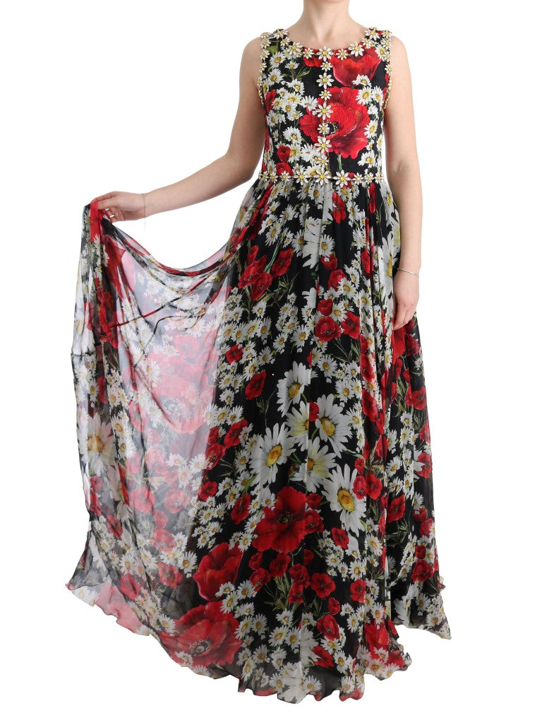 Robe longue en soie multicolore à fleurs avec cristaux, style maxi de Dolce & Gabbana, élégante et raffinée.