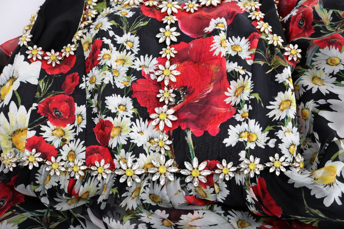 Robe longue en soie multicolore à fleurs avec cristaux, créée par Dolce & Gabbana, élégante et sophistiquée.