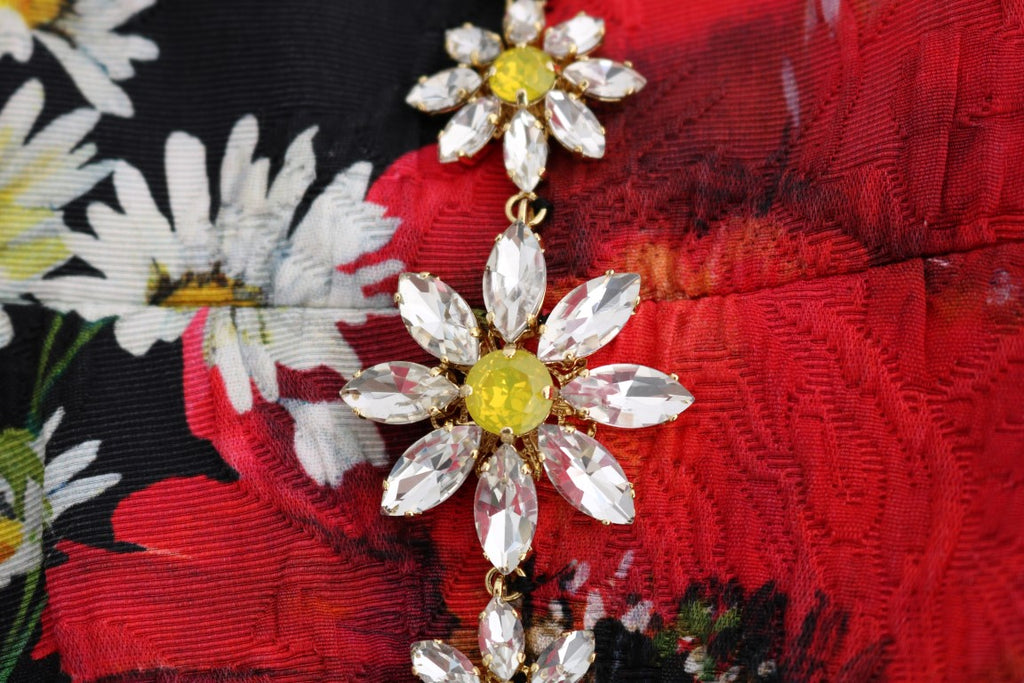 Robe longue en soie multicolore Dolce & Gabbana avec motifs floraux et détails en cristaux, élégante vêtement de soirée.
