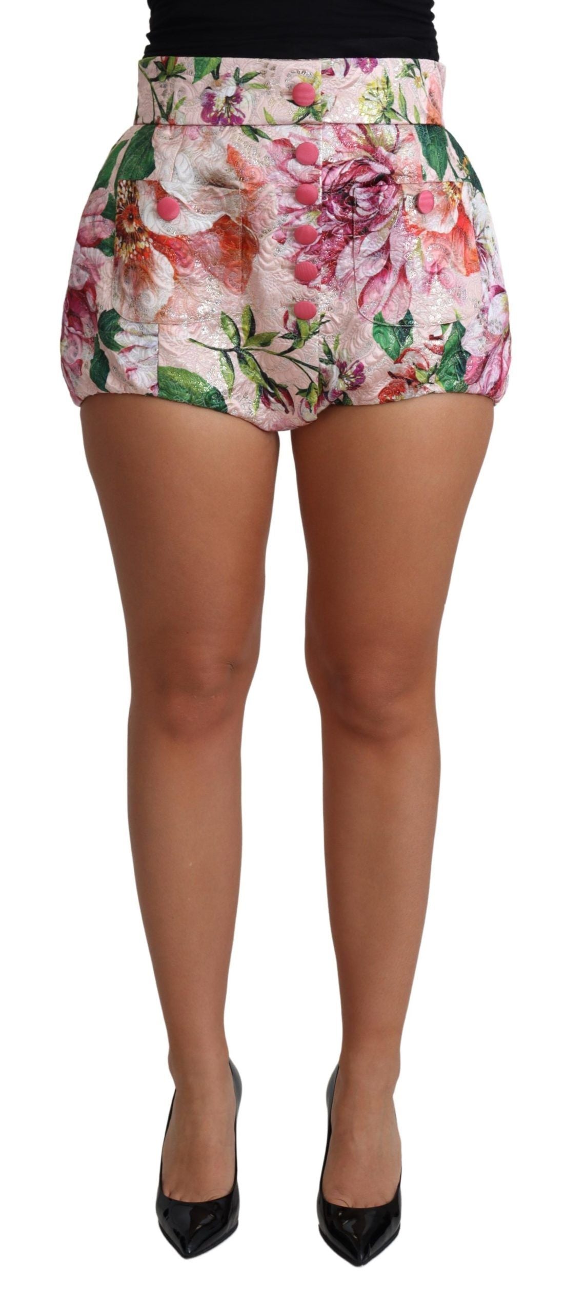 Shorts Dolce & Gabbana en coton rose avec imprimé floral, style hot pants, vêtement tendance pour femmes.