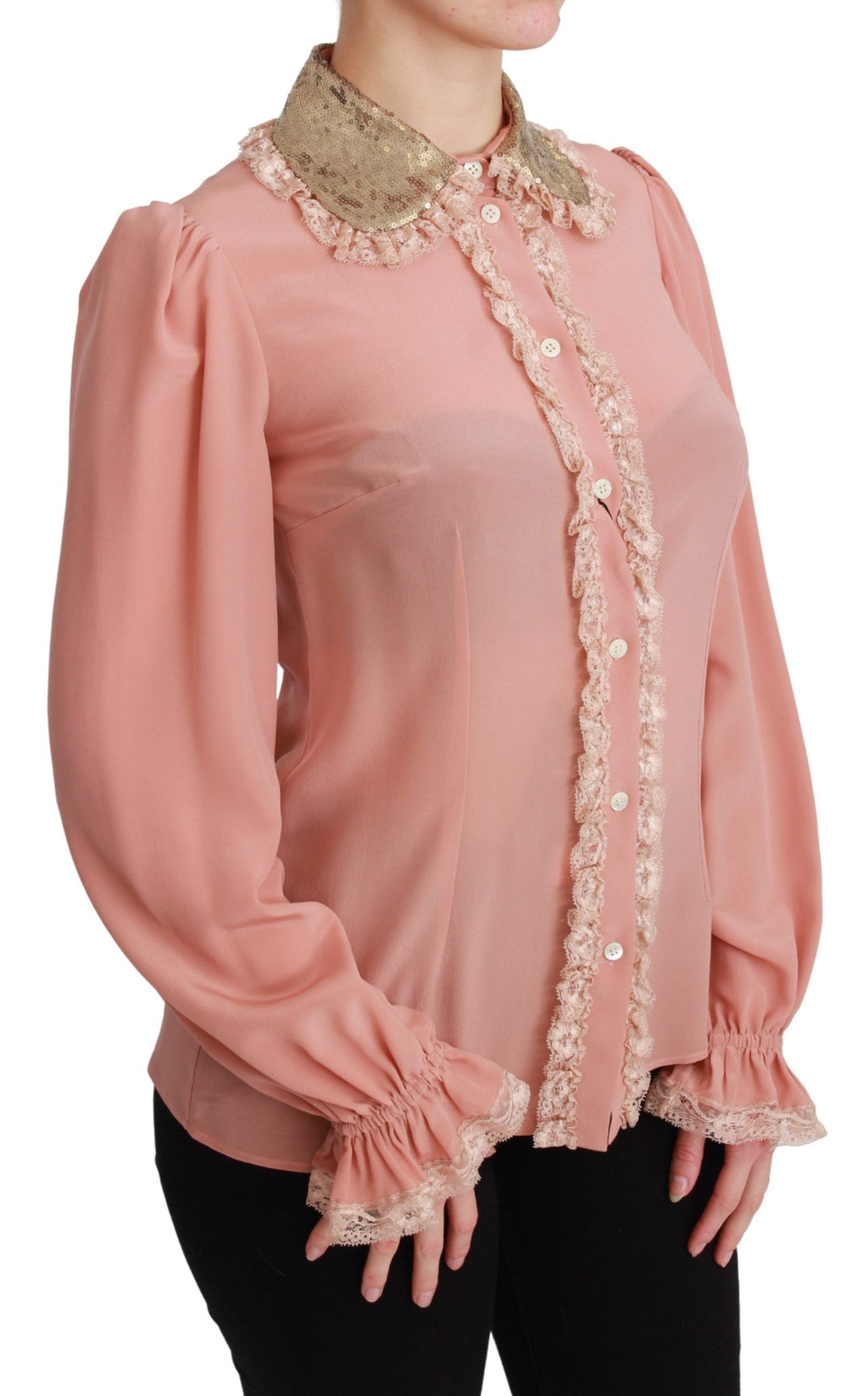 Blouse en soie rose Dolce & Gabbana avec sequins dorés et dentelle, élégante chemise à manches longues.