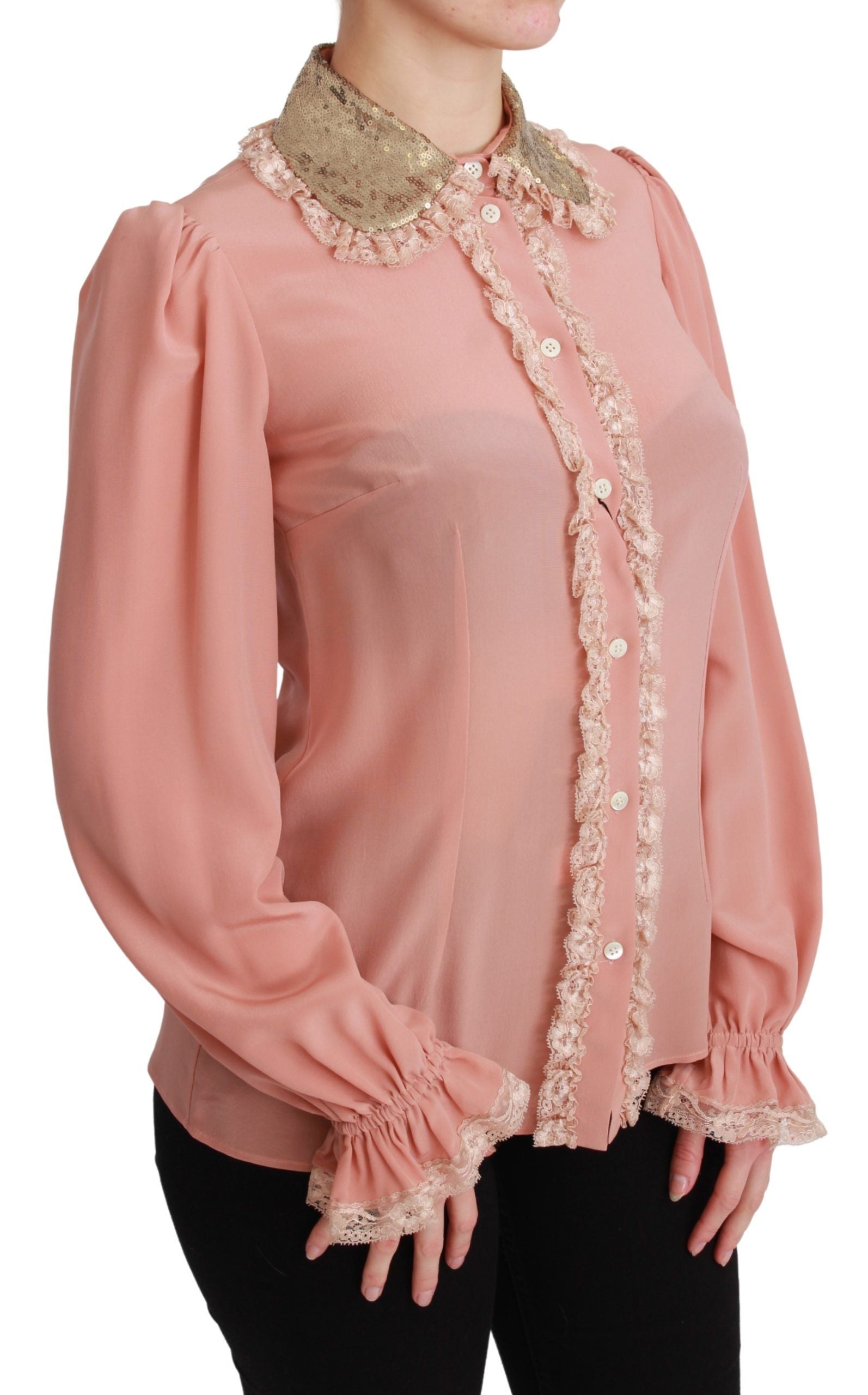 Blouse en soie rose Dolce & Gabbana avec sequins dorés et dentelle, élégante chemise à manches longues.