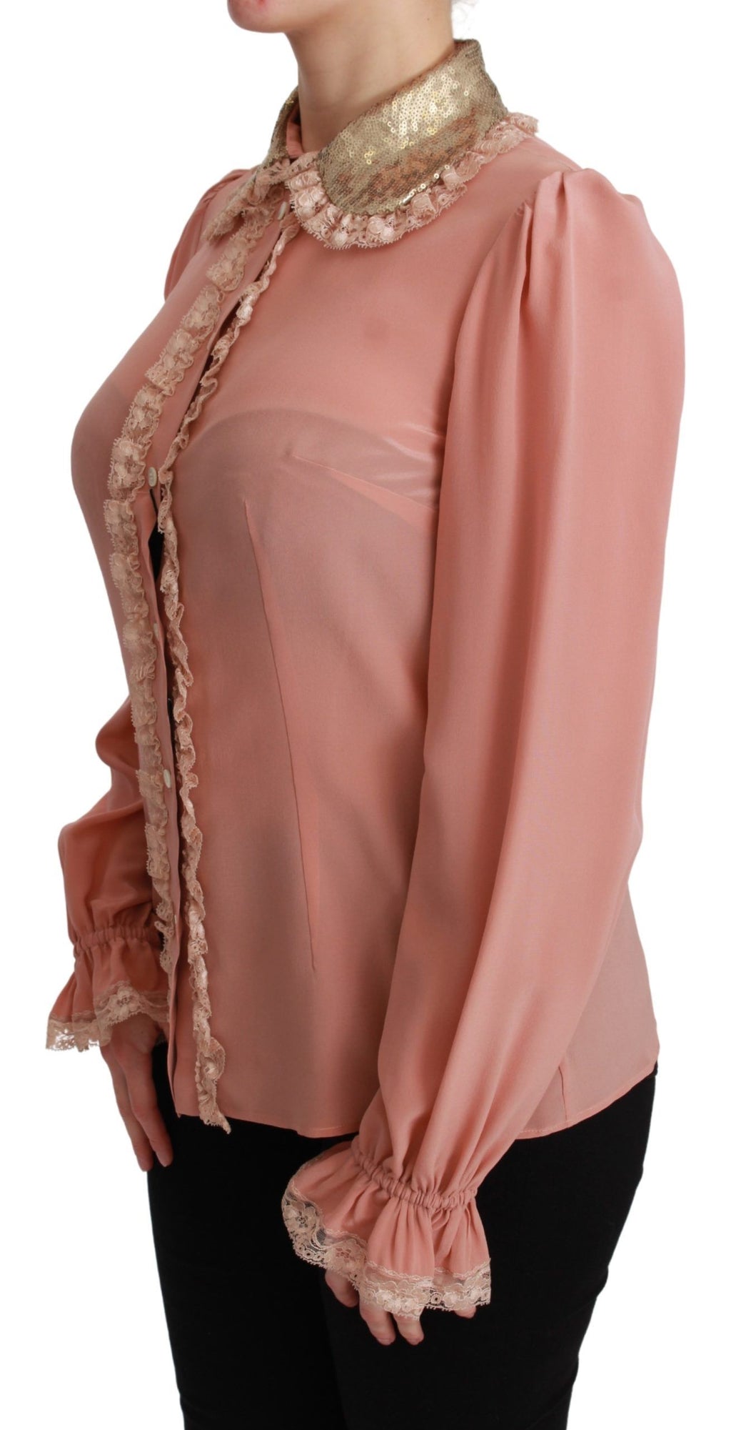 Chemise en soie rose Dolce & Gabbana avec sequins dorés et dentelle, élégante blouse à manches longues.
