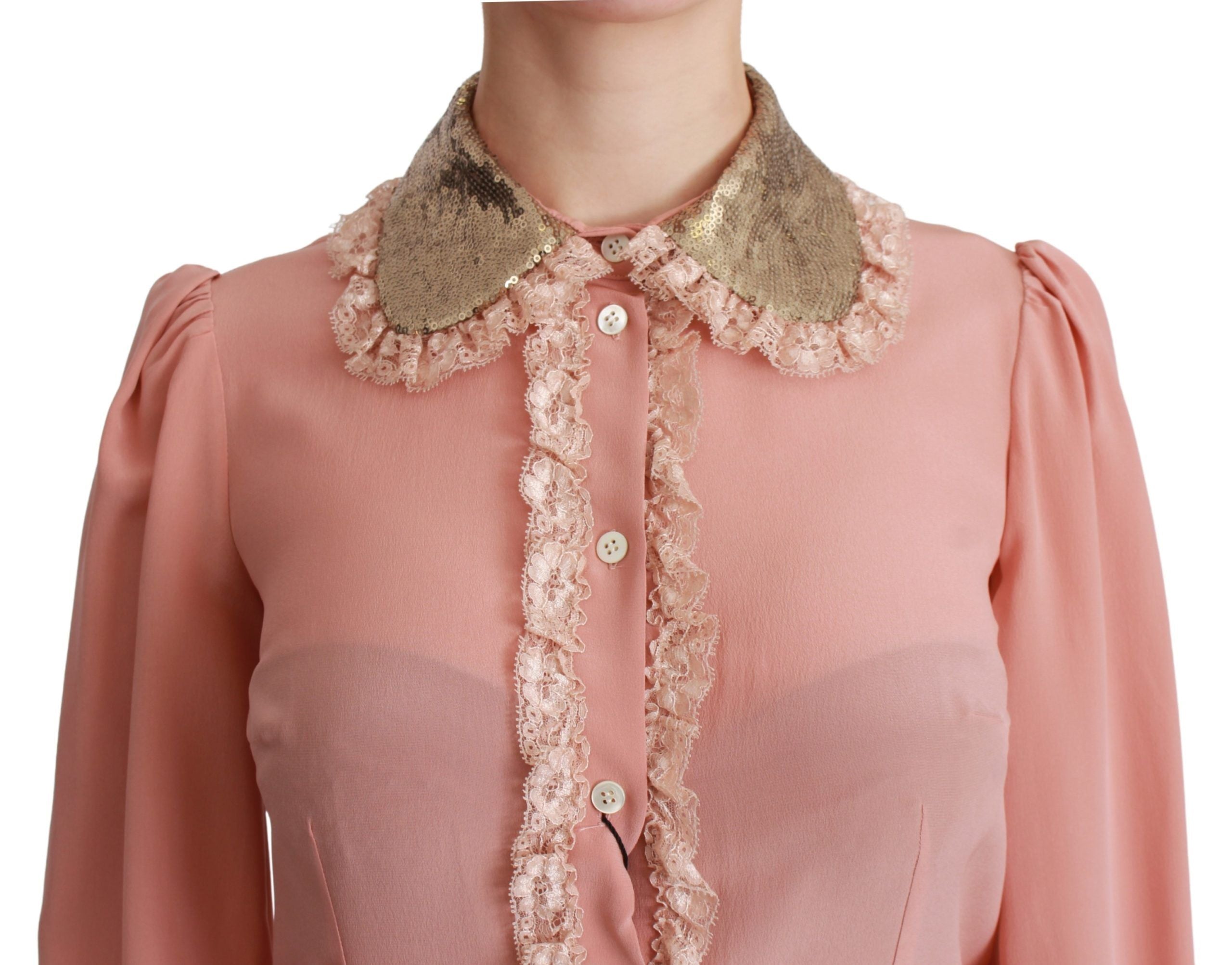 Chemise en soie rose Dolce & Gabbana avec sequins dorés et dentelle, élégante et sophistiquée.