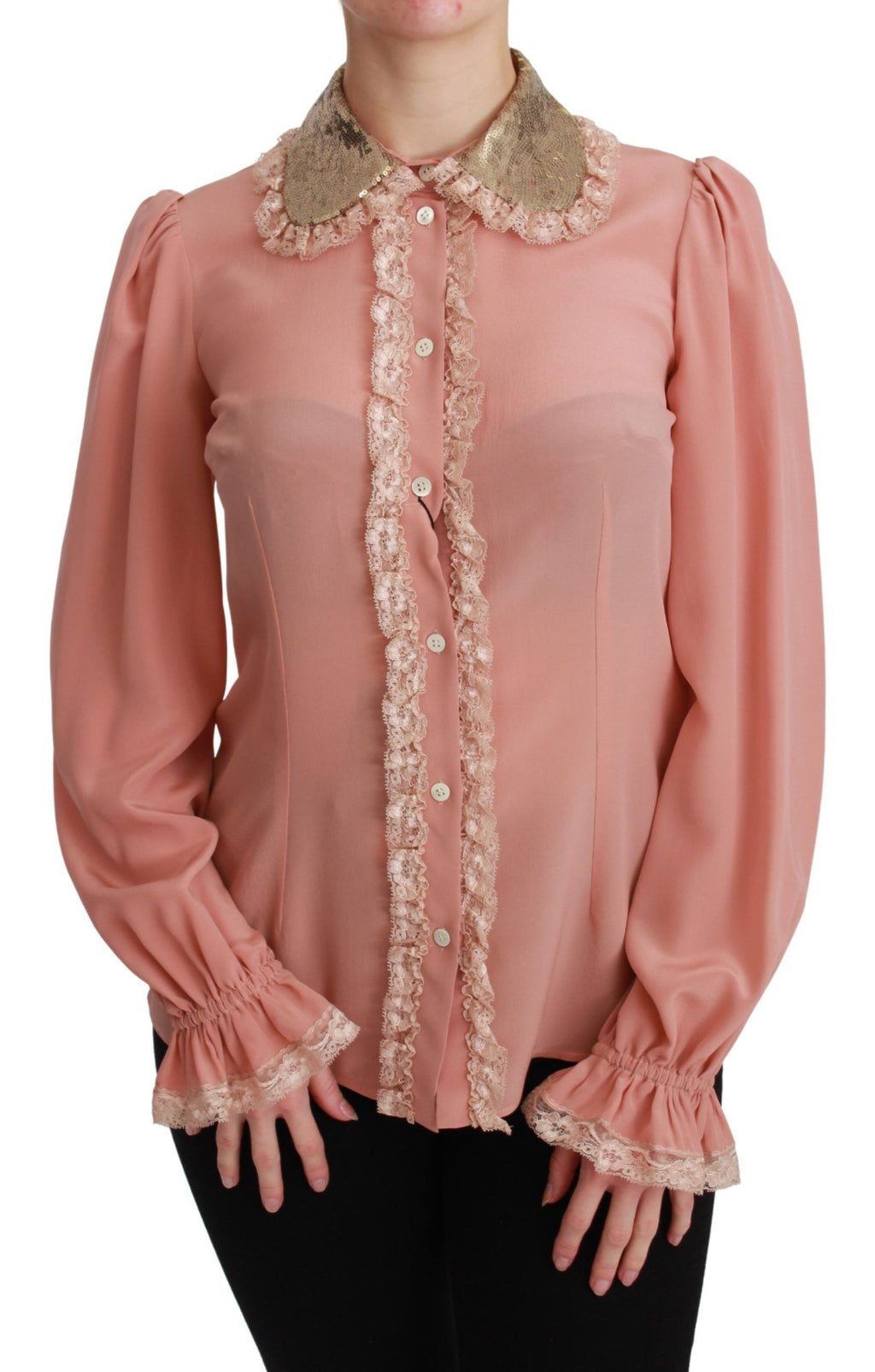 Chemise en soie rose Dolce & Gabbana avec sequins dorés et dentelle, élégante blouse à manches longues.