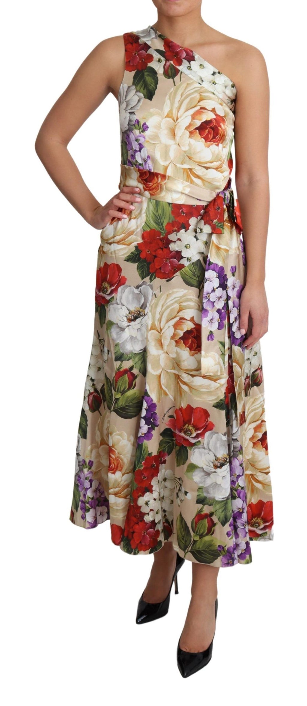 Robe en soie stretch à une épaule Dolce & Gabbana avec motif floral, élégante et sophistiquée, visible en image.