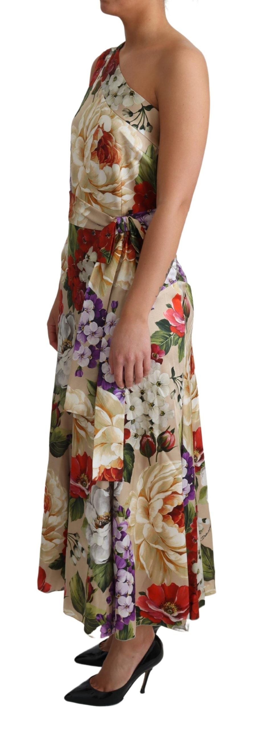 Robe en soie à imprimé floral Dolce & Gabbana, stretch une épaule, élégante et sophistiquée.