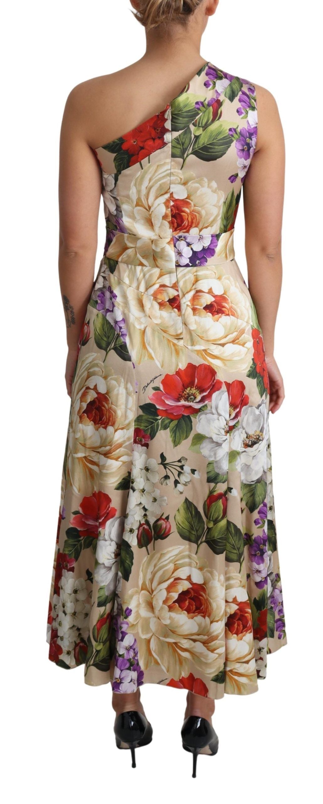 Robe en soie à imprimé floral Dolce & Gabbana, une épaule, coupe stretch, élégante et sophistiquée.