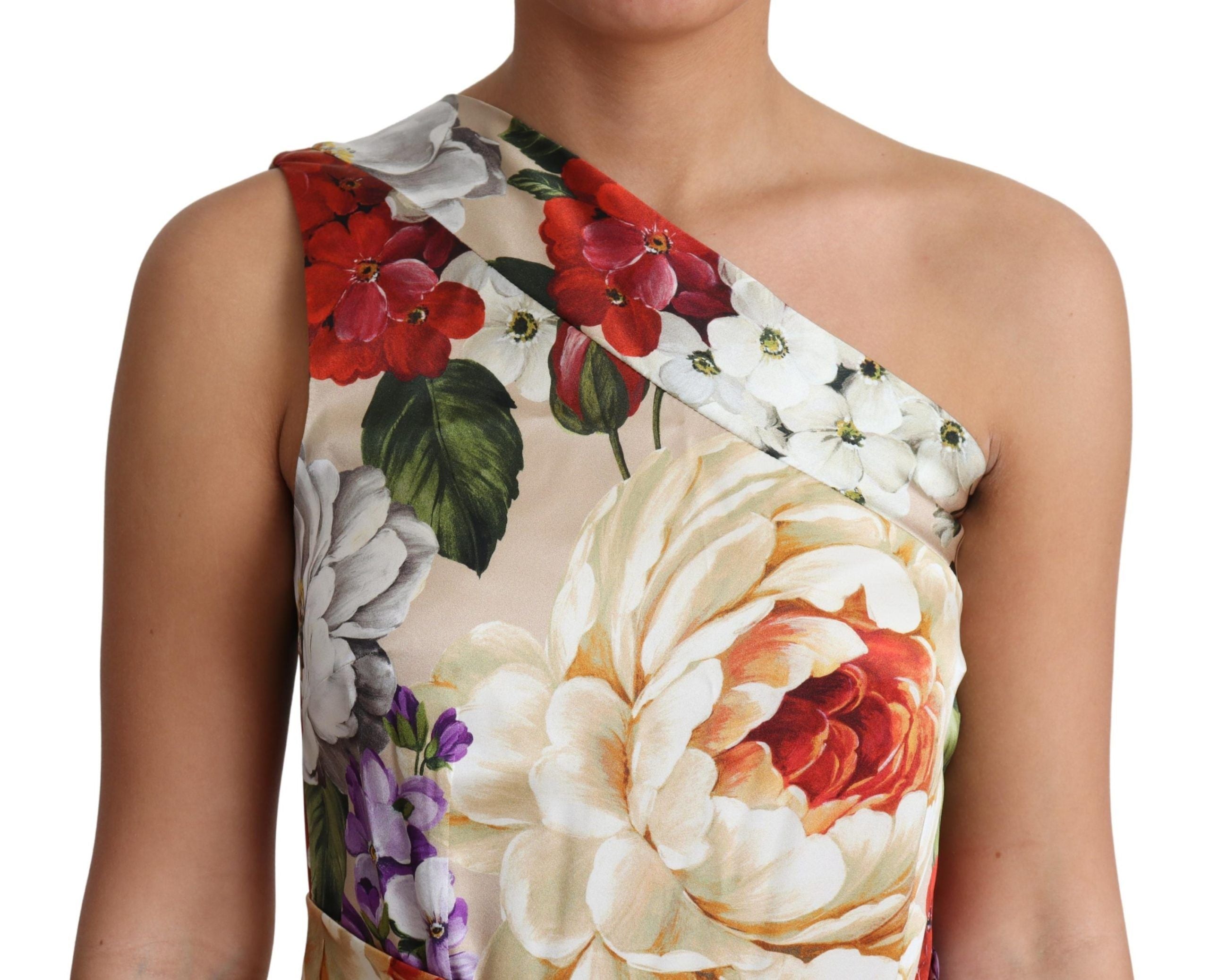 Robe en soie stretch imprimée floral Dolce & Gabbana à une épaule, élégante et sophistiquée, vue de face.