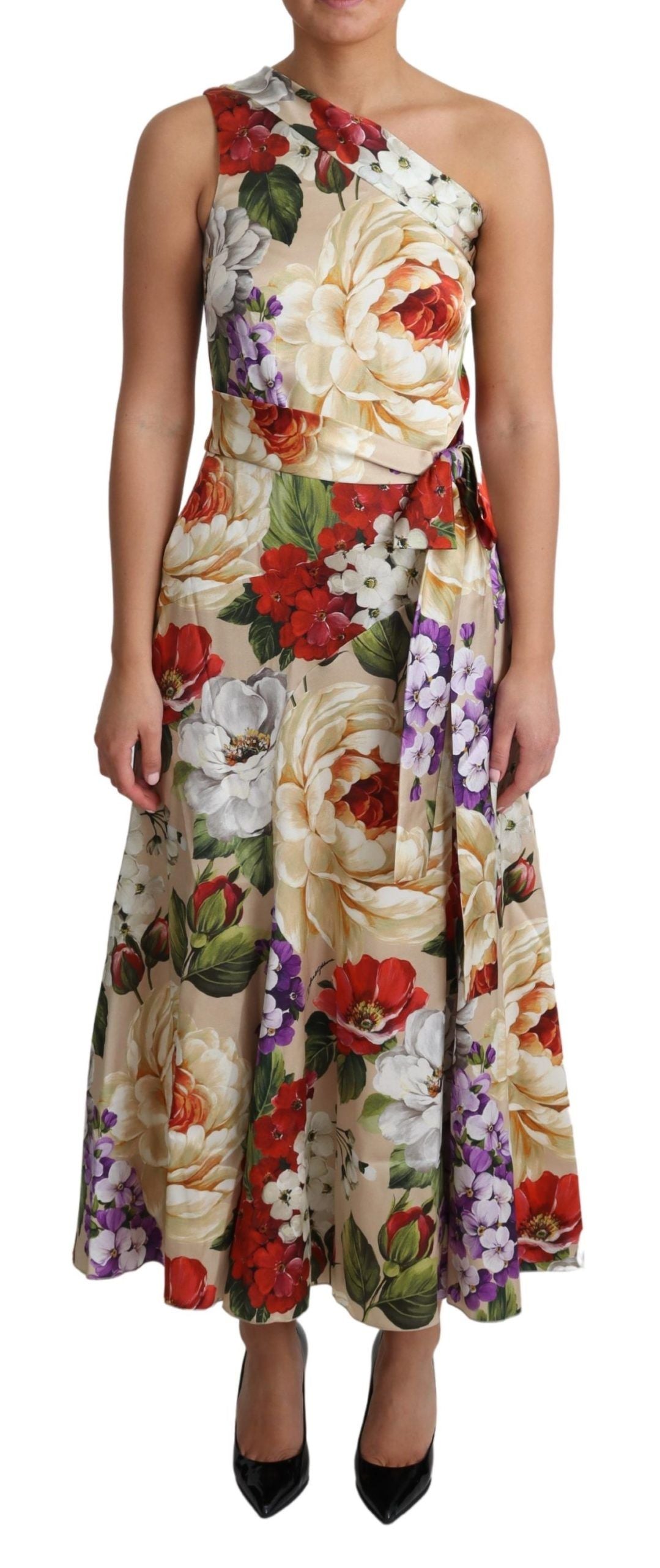 Robe en soie stretch à une épaule Dolce & Gabbana avec motif floral, élégante et sophistiquée pour femmes.