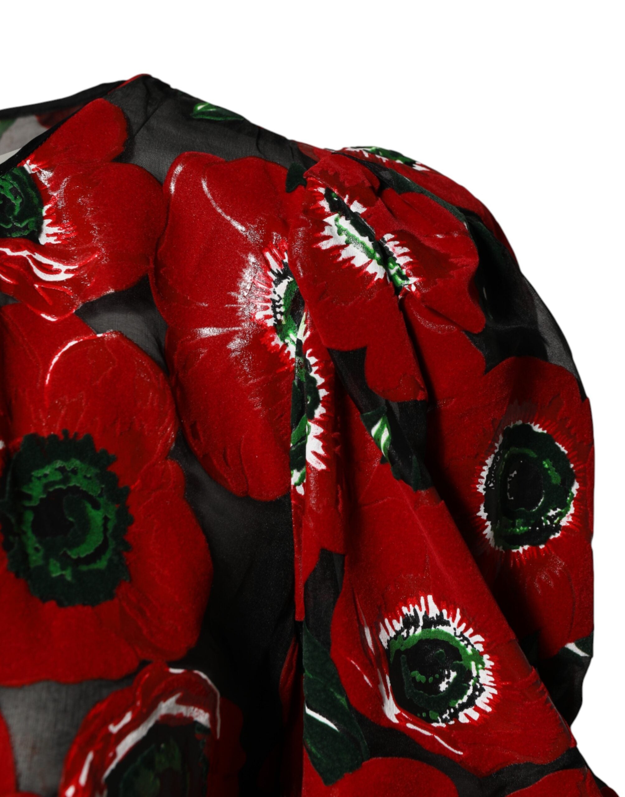 Robe midi en nylon à imprimé floral rouge de Dolce & Gabbana, coupe A-line, élégante et féminine.