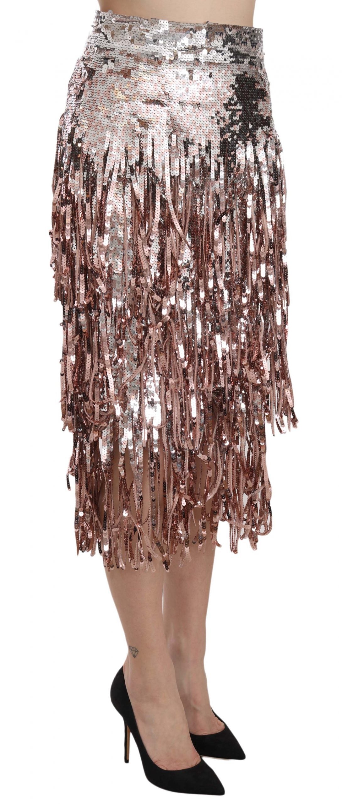 Jupe midi crayon Dolce & Gabbana à sequins et franges, élégante et ornementée, avec détails brillants et sophistiqués.
