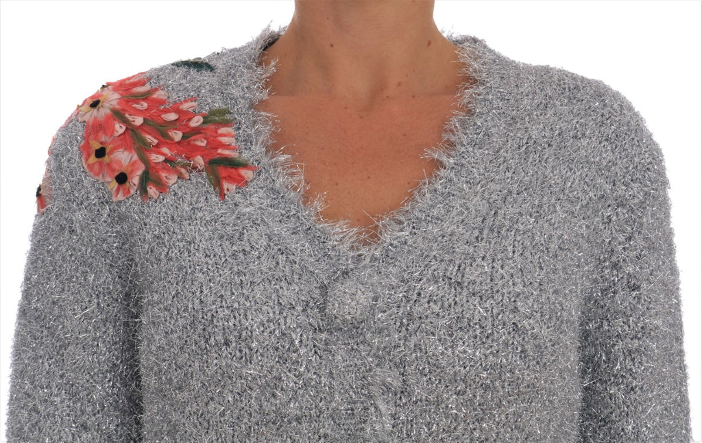 Cardigan en argent Dolce & Gabbana avec appliqué floral, pull-over en laine élégant et à la mode.