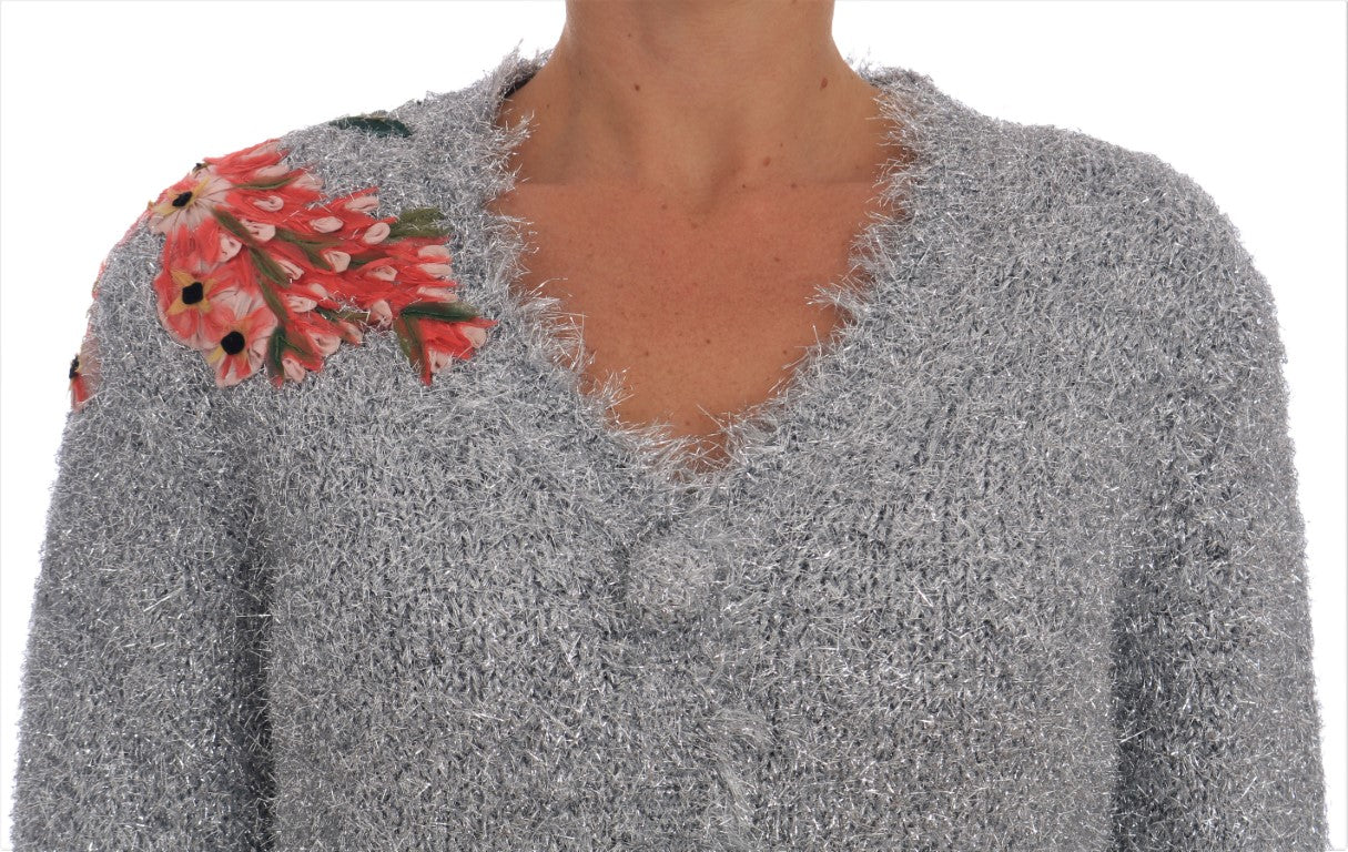 Cardigan en argent Dolce & Gabbana avec appliqué floral, pull-over en laine élégant et à la mode.