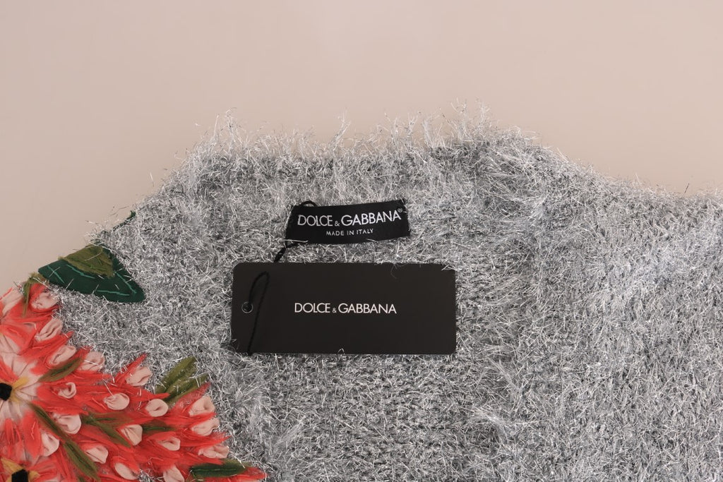 Pull en cachemire gris de Dolce & Gabbana avec appliqué floral, cardigan élégant et confortable pour femmes.